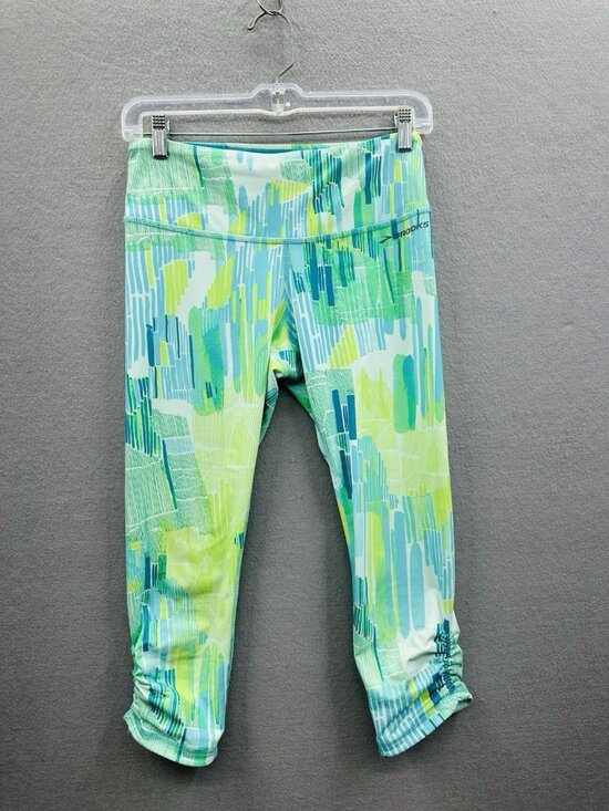 Brooks Pants - Brooks Running Capri Leggings Womens Size S Teal Lime Green Abstract Crop Pants